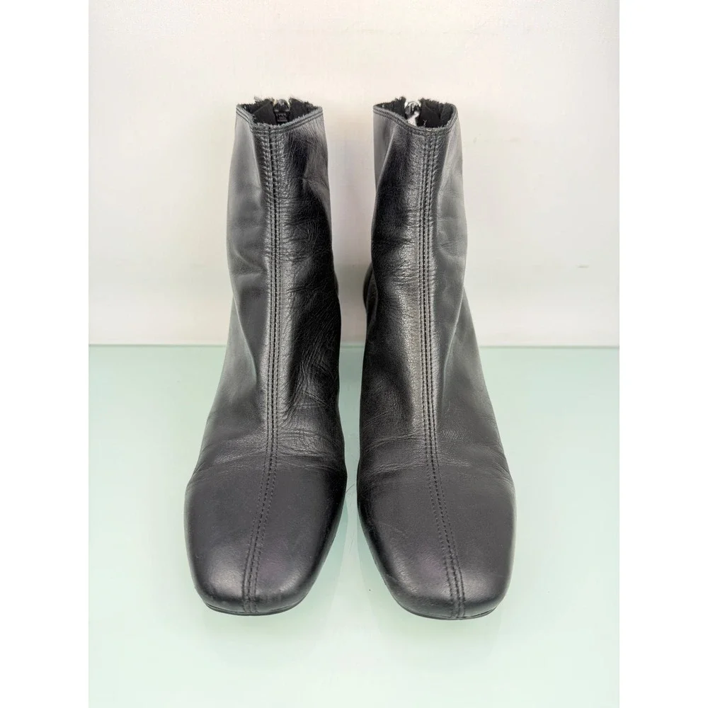 MNG Mango Black Leather Square Toe Ankle Boots Block Heel sz 38 Minimalist 90s - Picture 2 of 11